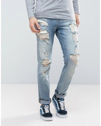 Asos Stretch Slim Jeans In Vintage Mid Wash With Heavy Rips