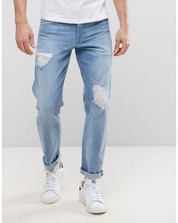 Asos Stretch Slim Jeans With Rips In Light Blue Wash