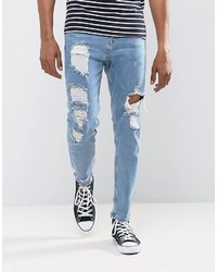 Asos Tapered Jeans In Vintage Light Wash Blue With Heavy Rips