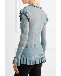 Temperley London Cypre Ruffled Pointelle Knit Sweater Blue