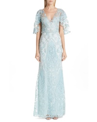 Patbo Flutter Sleeve Beaded Lace Gown