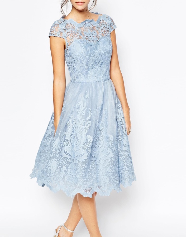 Chi Chi London Premium Lace Midi Prom Dress With Bardot Neck, $109, Asos