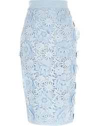 River Island Blue Flower And Lace Pencil Skirt