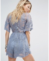 Honey Punch Plunge Front Romper In Layered Lace