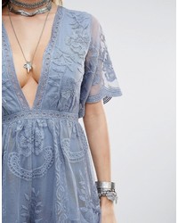 Honey Punch Plunge Front Romper In Layered Lace