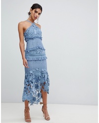 True Decadence Sleeveless Premium Lace Midi Dress With High Low Hem In Slate Blue