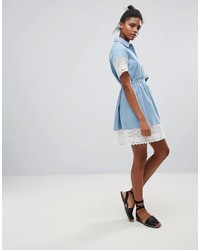 French Connection Vacation Denim With Lace Inserts Shirt Dress