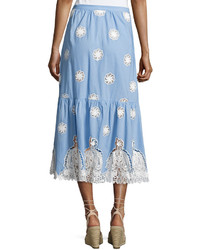 Miguelina Adrienne Versailles Midi Skirt With Lace Blue