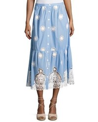 Miguelina Adrienne Versailles Midi Skirt With Lace Blue