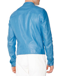 Tomas Maier Asymmetric Leather Moto Jacket Blue