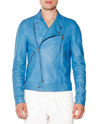 Tomas Maier Asymmetric Leather Moto Jacket Blue