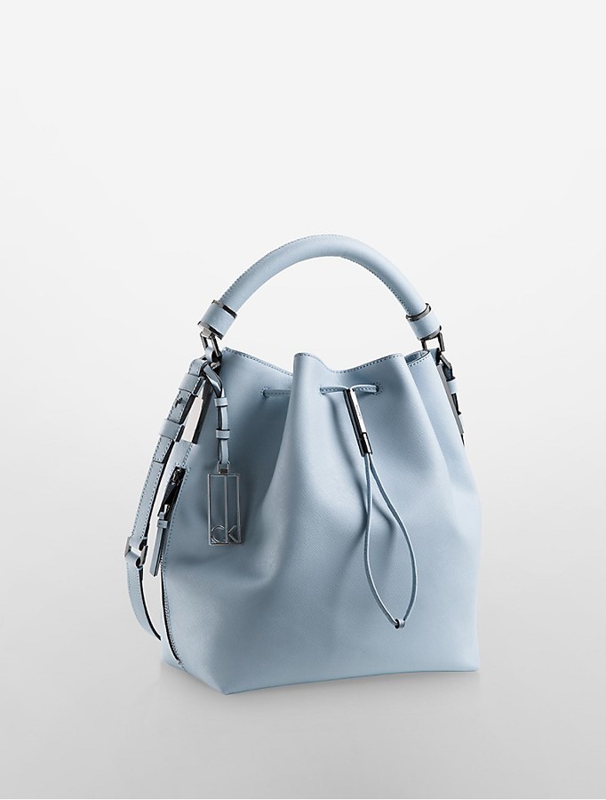 Calvin Klein Galey Saffiano Leather Convertible Drawstring Bucket Bag, $248  | Calvin Klein | Lookastic