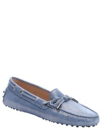 Tod's Light Blue Metallic Suede Boat Stitched Driving Loafers
