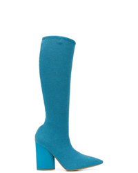 Light Blue Leather Knee High Boots