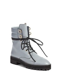 Light Blue Leather Lace-up Flat Boots