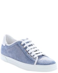 Tod's Light Blue Leather Trimmed Metallic Suede Lace Up Sneakers