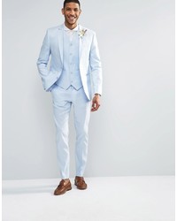 Asos Brand Skinny Suit Jacket In Linen Mix In Blue