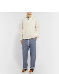 Mr P. Wide Leg Light Blue Linen And Cotton Blend Chambray Drawstring Trousers