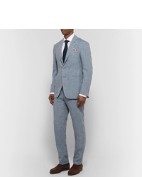 Canali Dusty Blue Kei Slim Fit Tapered Mlange Linen And Silk Blend Suit Trousers