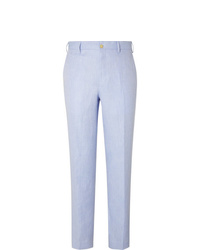 Anderson & Sheppard Sky Blue Slim Fit Herringbone Linen Trousers