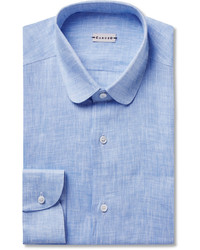 Caruso Blue Slim Fit Penny Collar Slub Linen Shirt