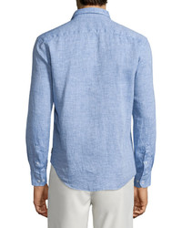Armani Collezioni Melange Linen Long Sleeve Sport Shirt Blue