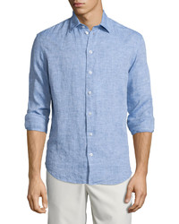 Armani Collezioni Melange Linen Long Sleeve Sport Shirt Blue