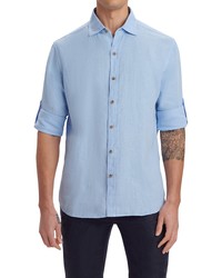 Bugatchi Shaped Fit Print Linen Button Up Shirt In Sky At Nordstrom