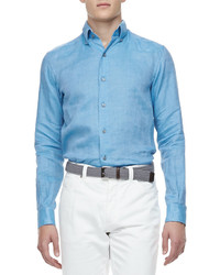 Ermenegildo Zegna Solid Linen Sport Shirt Turquoise