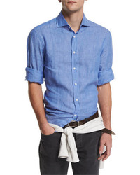 Brunello Cucinelli Solid Long Sleeve Linen Sport Shirt Sky Blue