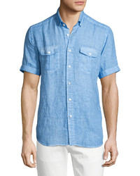 Neiman Marcus Linen Short Sleeve Shirt Blue