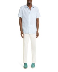 Loro Piana Oliver Stripe Linen Button Up Shirt In Tiffany Pastel Stripe At Nordstrom