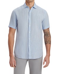 Bugatchi Orson Shaped Fit Stripe Short Sleeve Linen Button Up Shirt In Sky At Nordstrom