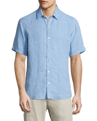 Zachary Prell Solid Linen Short Sleeve Shirt Blue