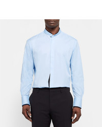 Kilgour Blue Slim Fit Contrast Tipped Grandad Collar Cotton Shirt