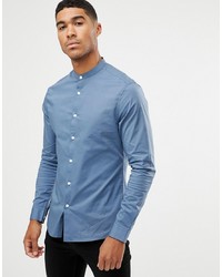 ASOS DESIGN Skinny Shirt With Grandad Collar In Blue