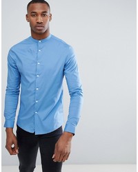 ASOS DESIGN Skinny Shirt With Grandad Collar In Mid Blue