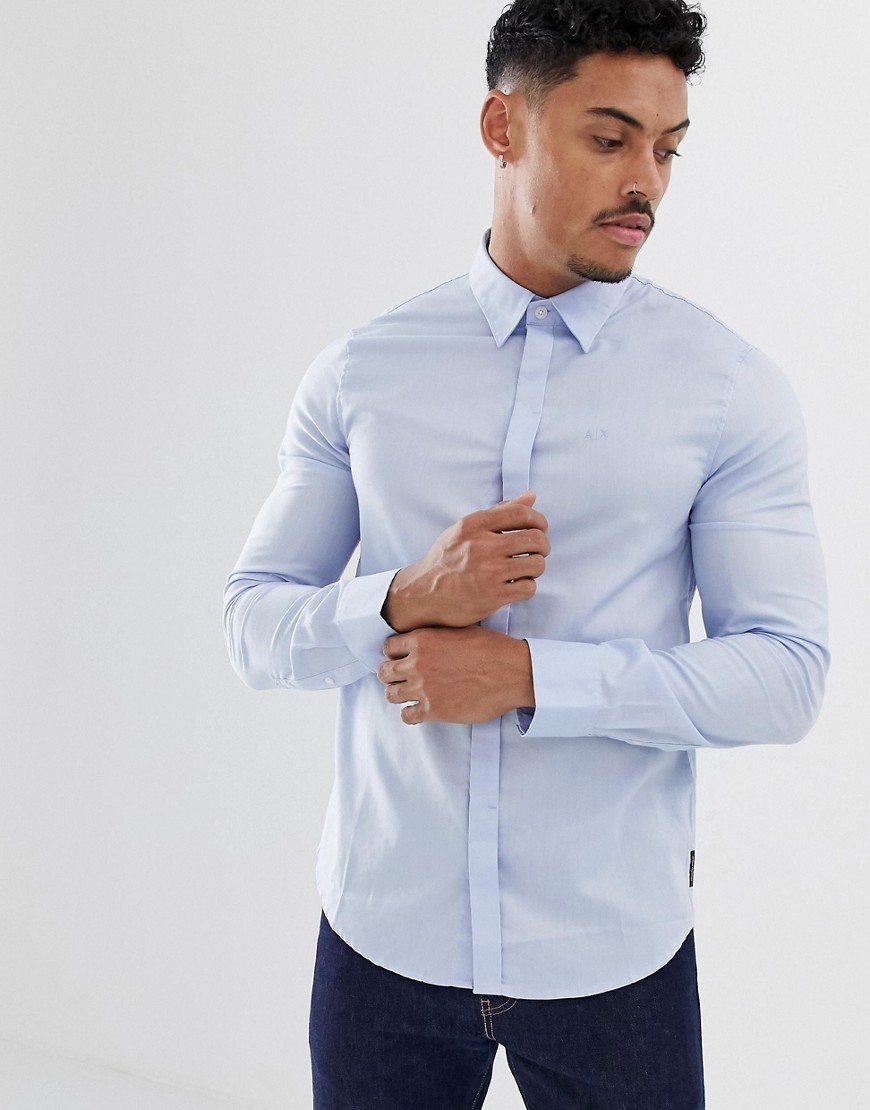 Armani Exchange Slim Fit Logo Cotton Shirt In Blue, $27 | Asos | Lookastic