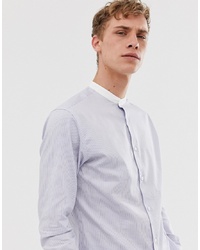Selected Homme Slim Grandad Collar Shirt With Light Blue Stripe