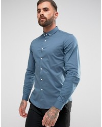 Asos Slim Shirt In Blue With Stretch And Button Down Collar