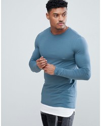 ASOS DESIGN Longline Long Sleeve Muscle Fit T Shirt With Contrast Hem Extender In Blue