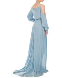 Balmain Cold Shoulder Chambray Maxi Dress Light Blue