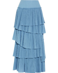 Sonia Rykiel Tiered Pliss Cotton Maxi Skirt Blue