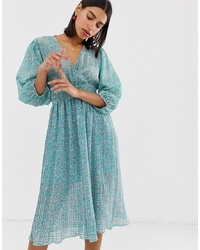Vero Moda Mix Print Pleated Midi Dress With Volume Sleeve