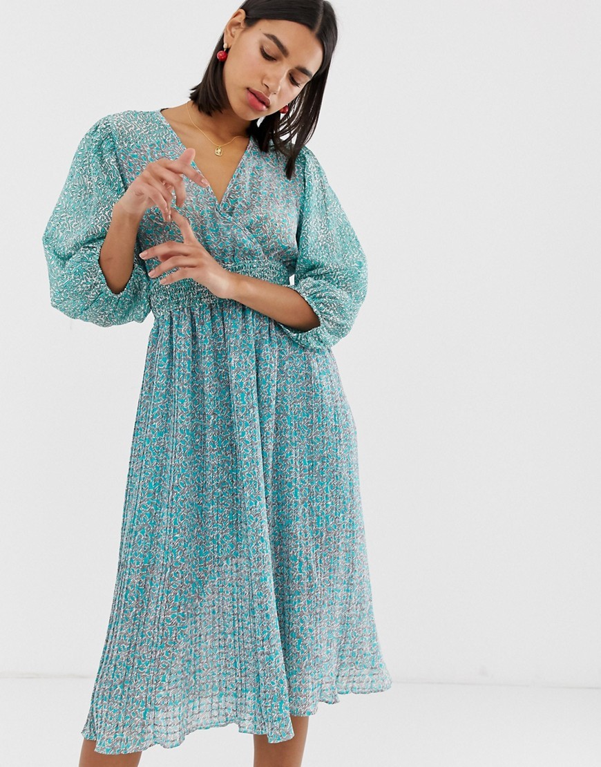 Vero Moda Mix Print Pleated Midi Dress Volume Sleeve, $19 | Asos | Lookastic