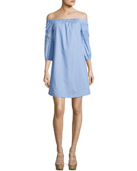 Neiman Marcus Off The Shoulder Lace Trim Dress Blue