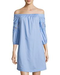 Neiman Marcus Off The Shoulder Lace Trim Dress Blue