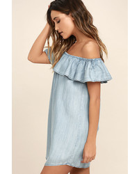 Standout Style Light Blue Chambray Off The Shoulder Dress