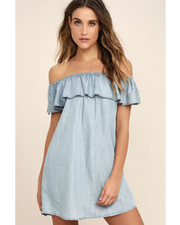 Standout Style Light Blue Chambray Off The Shoulder Dress
