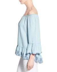 Wit Wisdom Embroidered Chambray Off The Shoulder Top